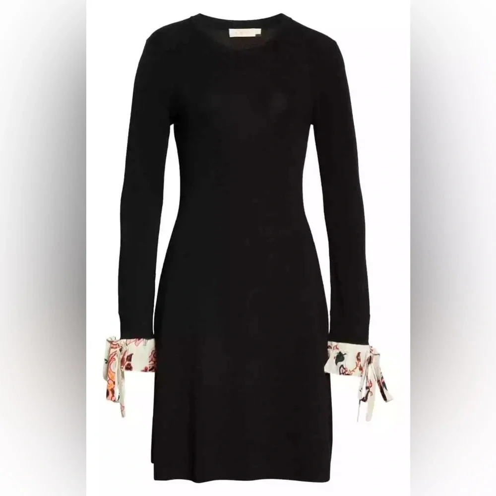 NWT Tory Burch Woven Cuff Long Sleeve Black Sweater Dress